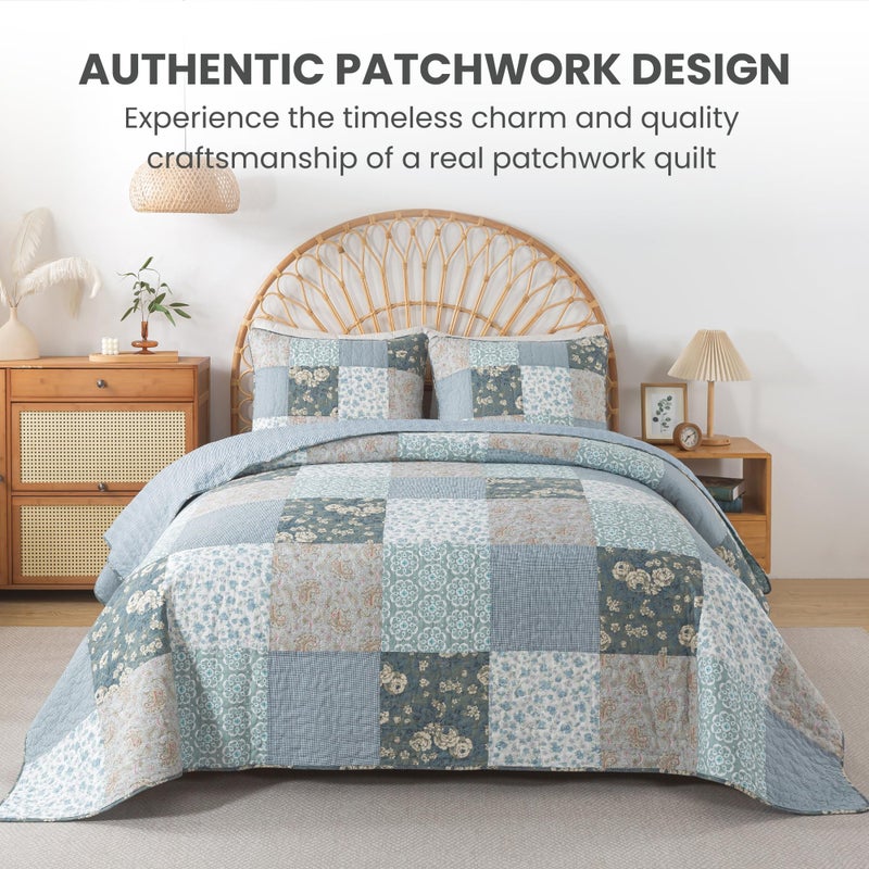 SLPR Wildflowers Cotton Quilt Set - Twin Size with 1 Sham, Blue Gray Floral Pieced Patchwork Design, Country Quilted Bedspread with Flower Pattern, Cottage Style Bedding for All Seasons - Image 2